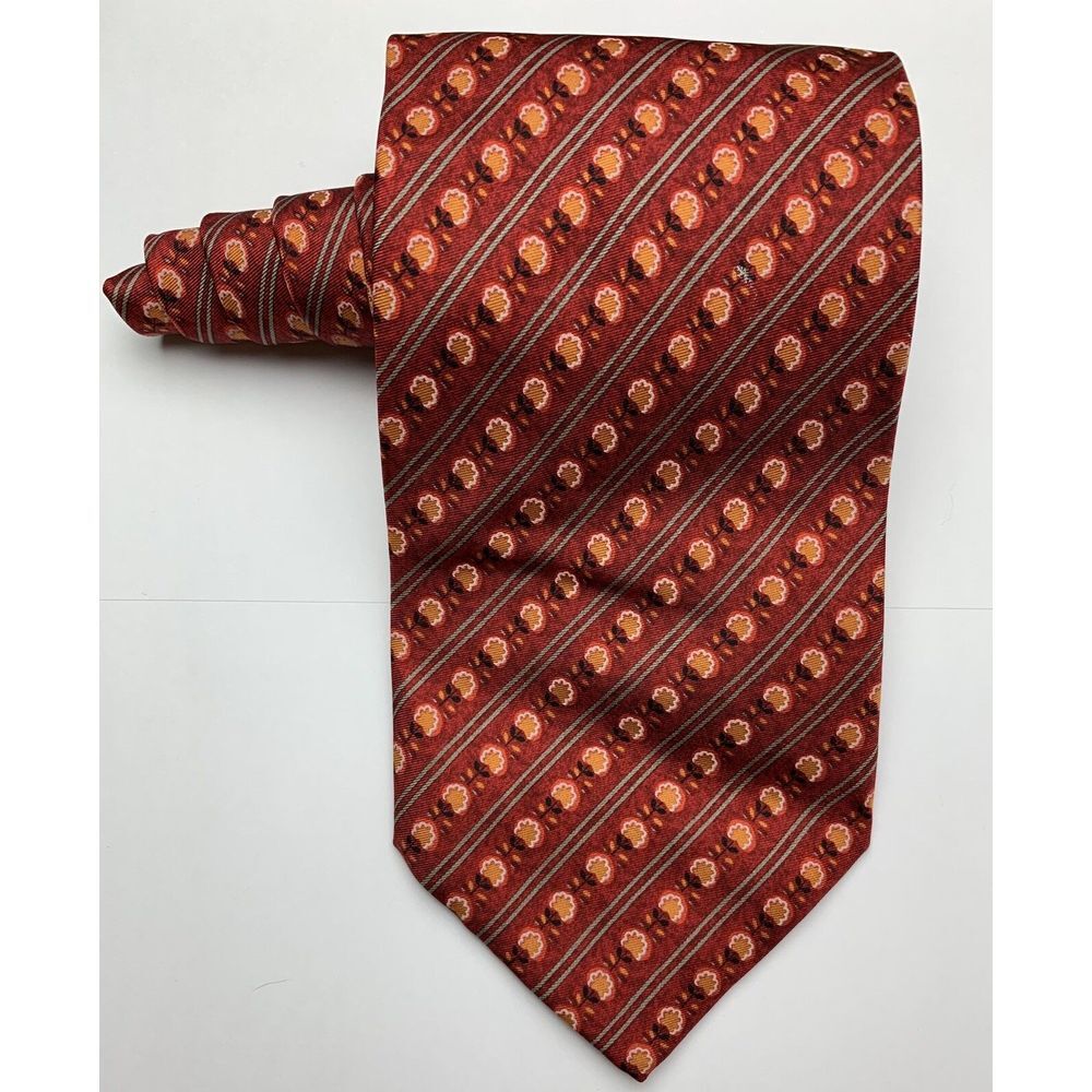 Emanuel Ungaro Men's 100% Silk Red/Orange Striped Floral Tie Italy 3.75" Width